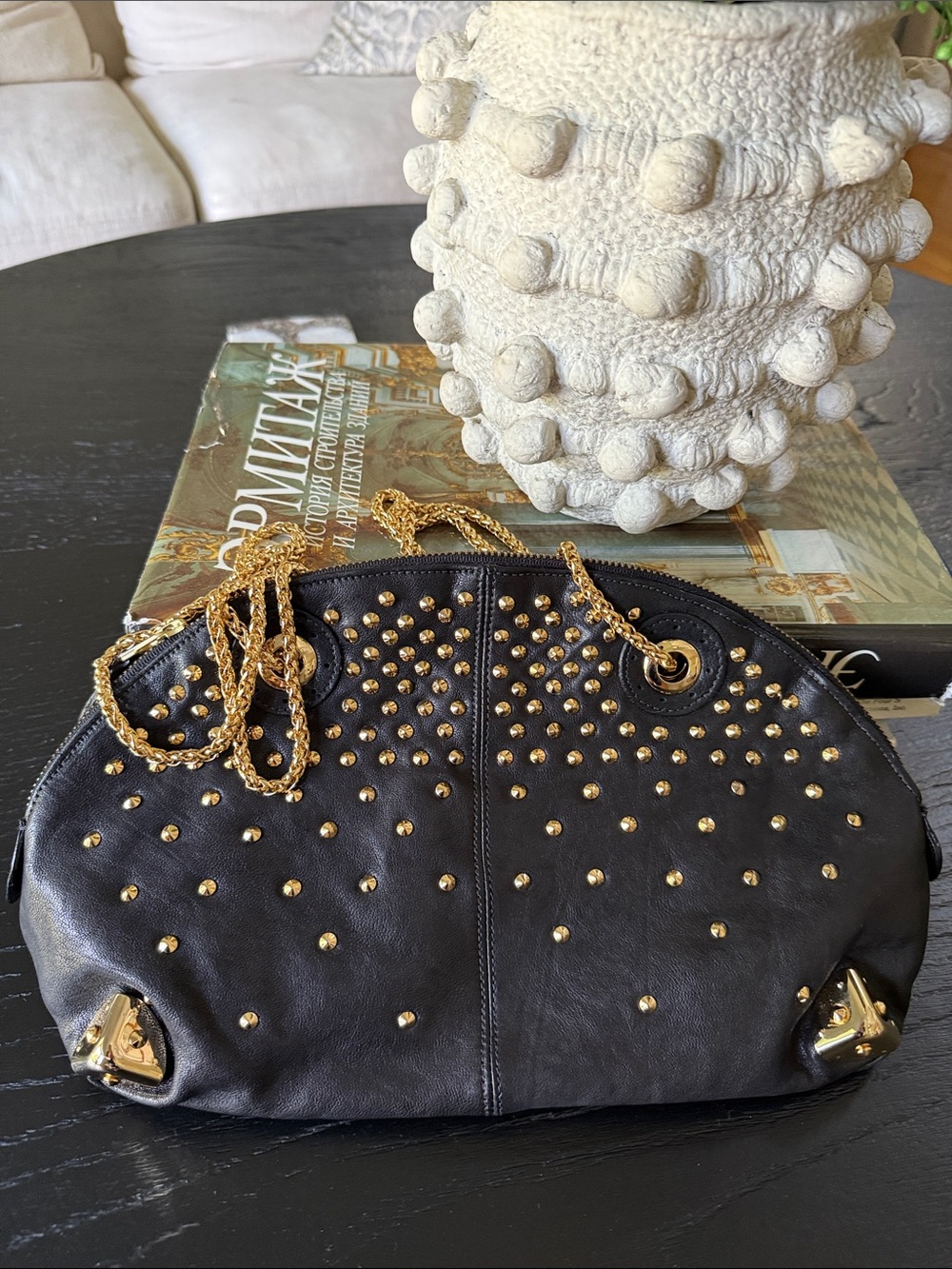 Be&D Garbo Lambskin Leather Studded Leather Satchel Shoulder Bag Purse Gold